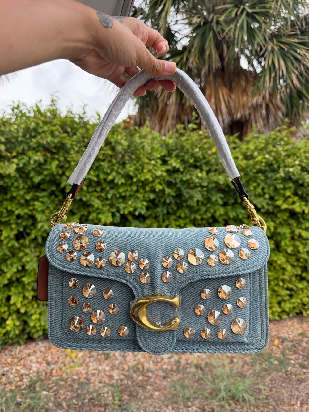 Designer-Inspired Light Blue Studded Shoulder Bag with Gold Hardware